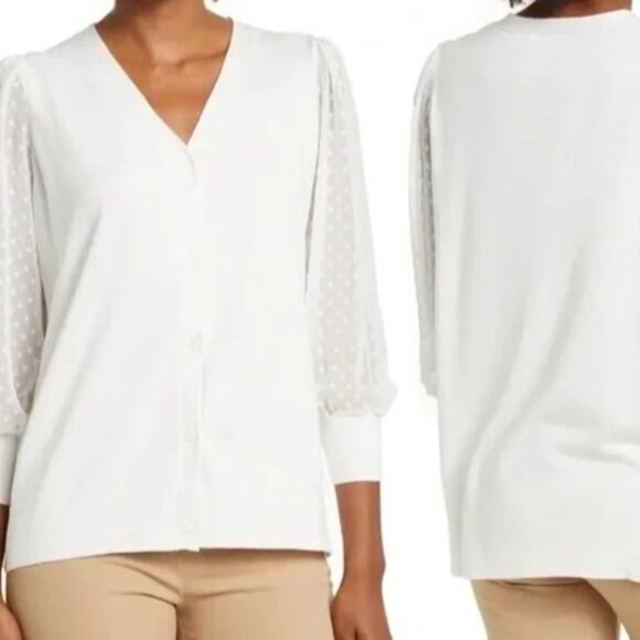 Adrianna Papell V-neck Swiss Dot Sleeved Cardigan Top Size M Ivory 3/4 Sleeve - Picture 1 of 6